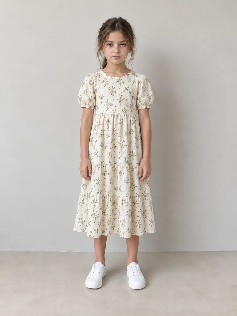 Try-on image: floral tiered dress on the fifth shopper.