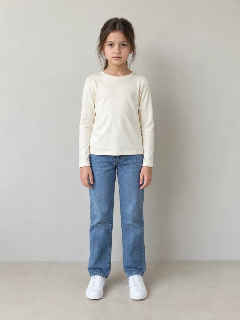Try-on image: straight jeans on the fifth shopper.