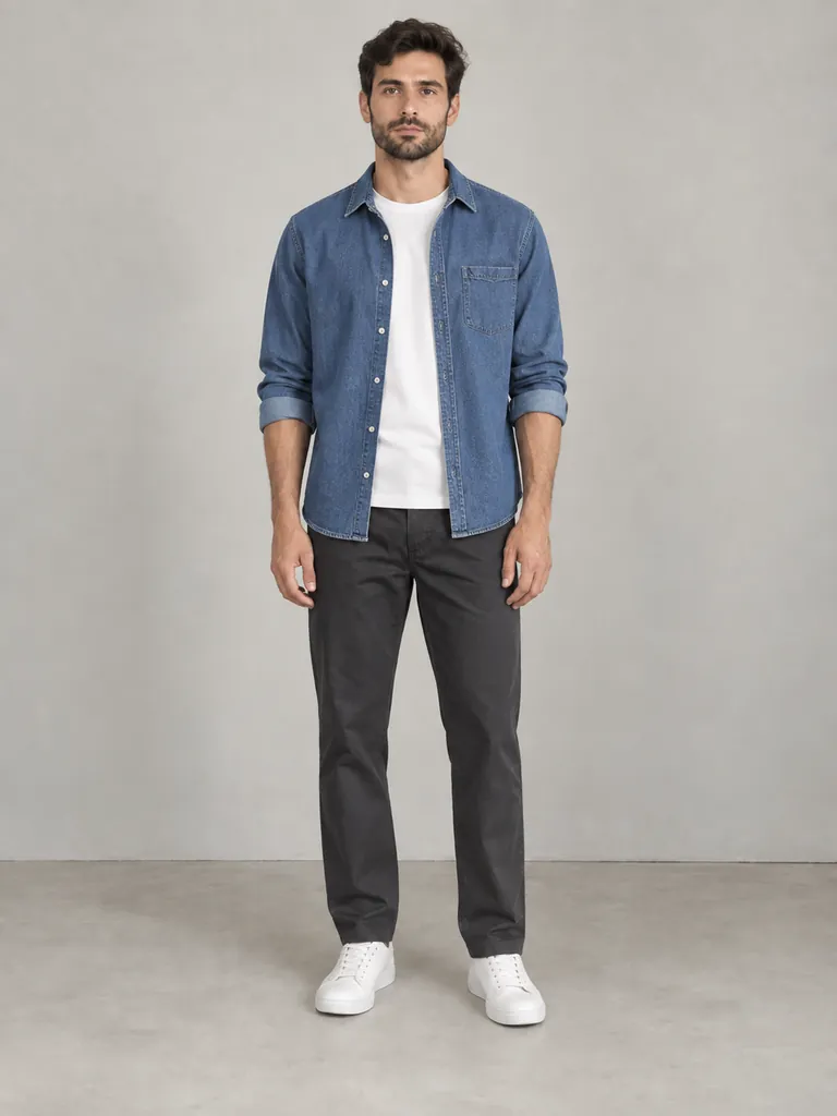 Try-on image: denim shirt on the fourth shopper.