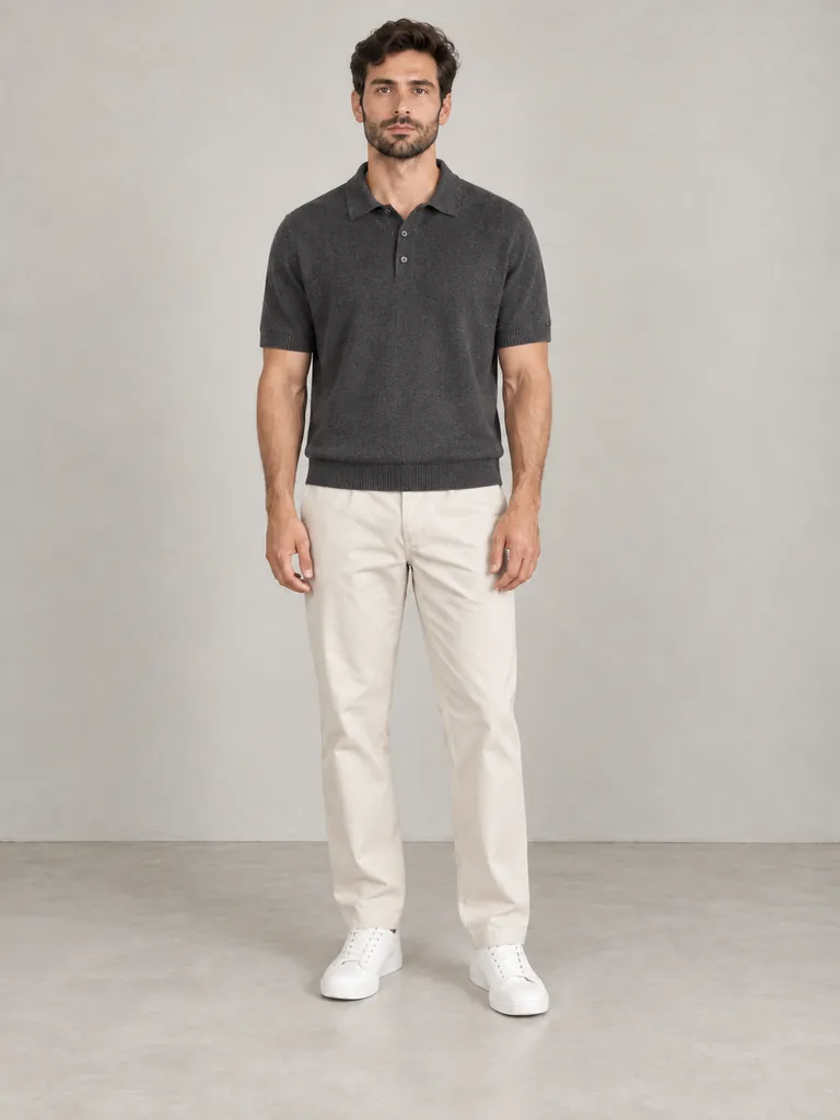 Try-on image: knit polo on the fourth shopper.