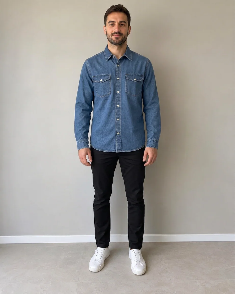 Try-on image: denim overshirt on the second shopper.