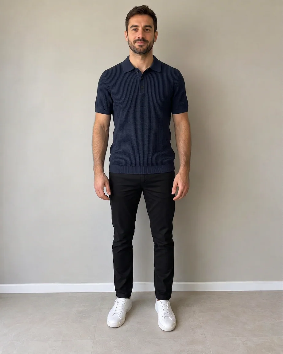 Try-on image: knit polo on the second shopper.
